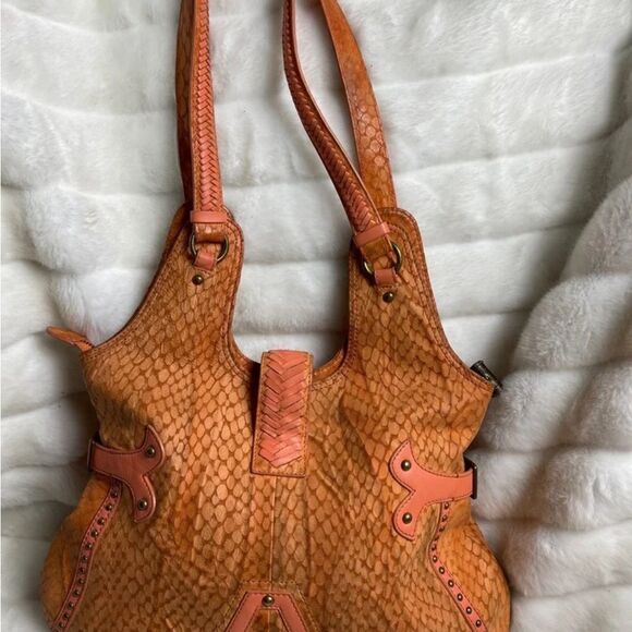 Babee D leather orange reptile prints hobo large shoulder bag antique hardwares - Picture 3 of 8